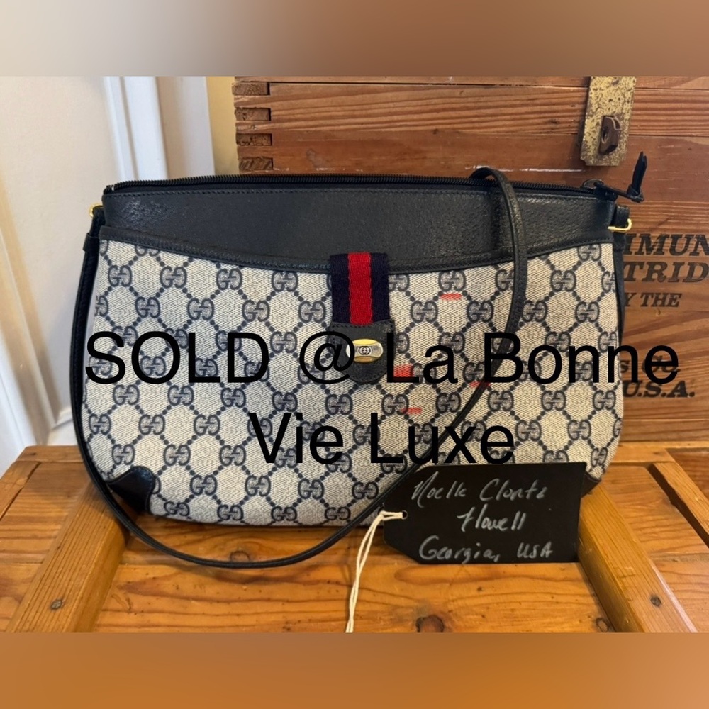 Gucci Navy Blue and Beige Shoulder Bag with Signature Monogram